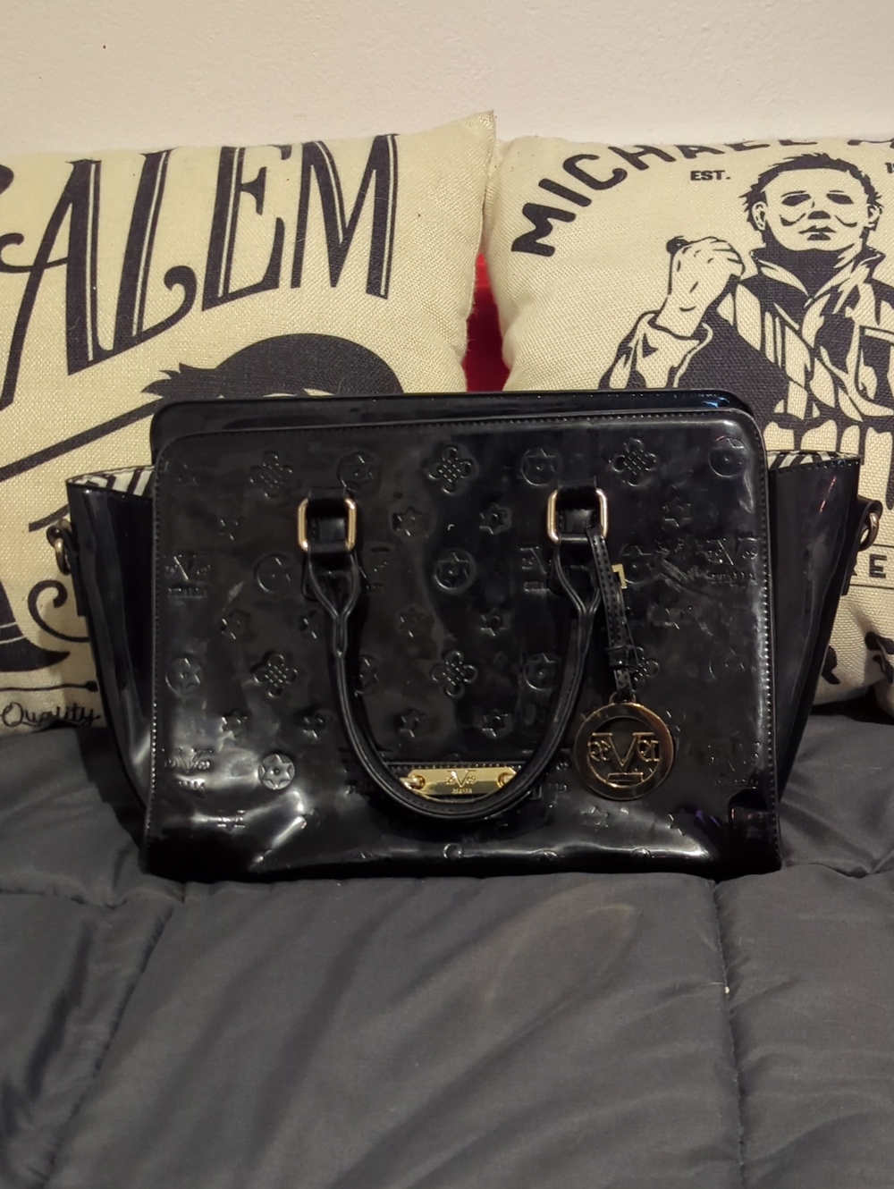Authentic Versace Patent Embossed Black Satchel Handbag - Made In Italy
